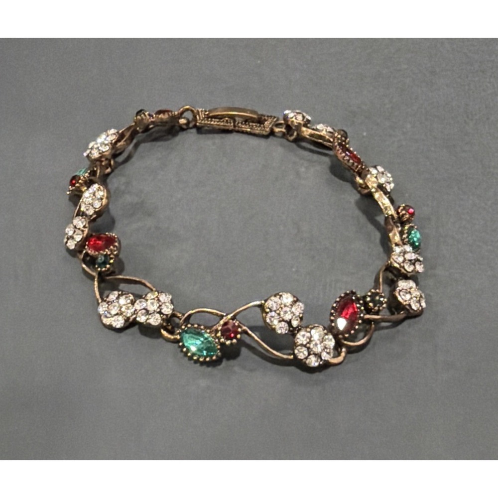 Multicolor Rhinestone Flower Vine Bracelet Red Green Clear Gold Tone 6.75"